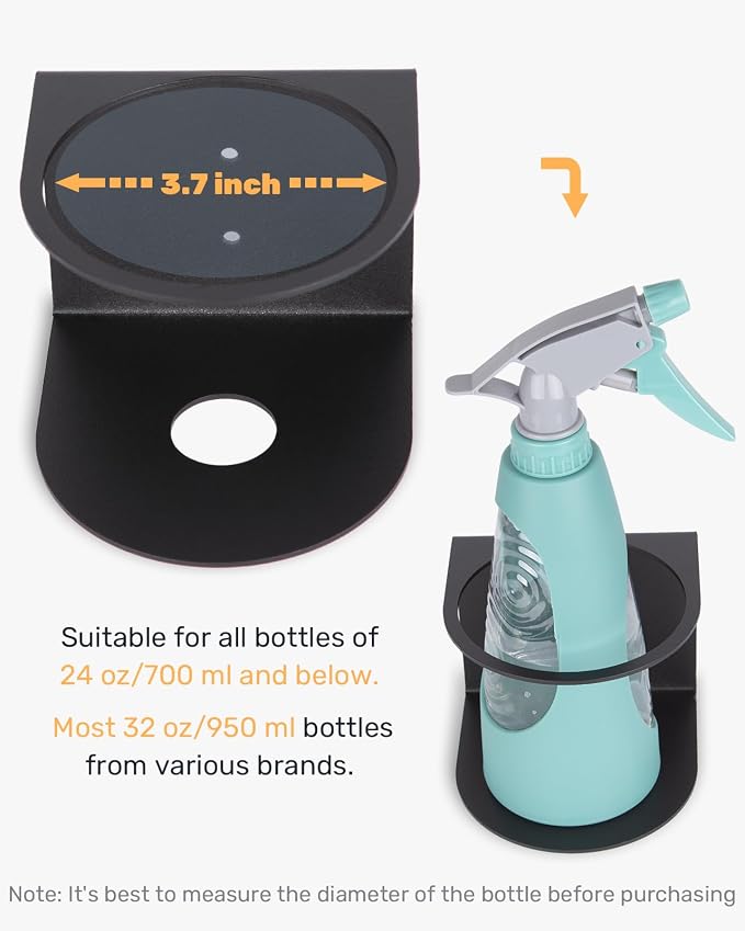 Steel Spray Bottle Holder Wall Mount 2-Pack, Fits up to 32 oz | 13-Gauge, Powder-Coated Black Finish, Rust-Resistant, Hardware Included, 3.7 inch Opening