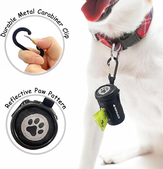 Dog Poop Bag Holder for Leash, Easy Release Doggie Poop Bag Dispenser, Fits Most Standard Poo Bags, Soft Fabric Dog Waste Bag Holder with Carabiner Clip, Compatible with All Leashes, Black