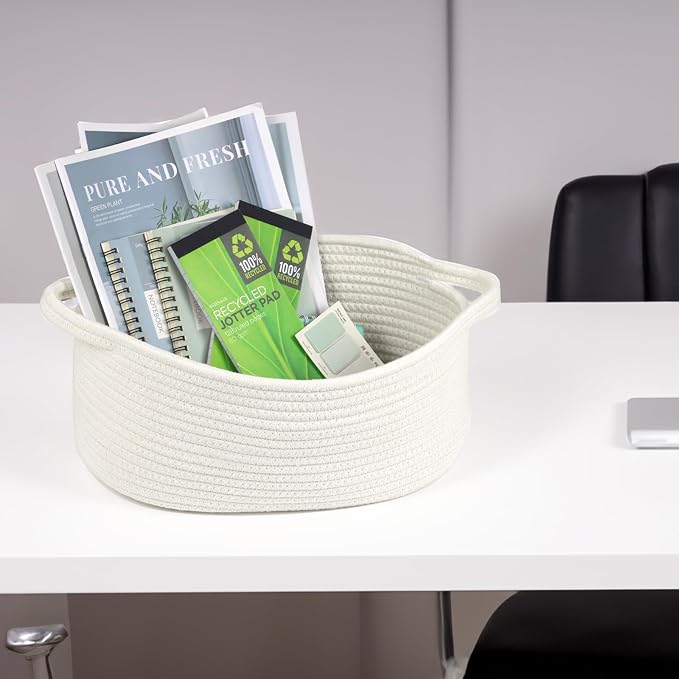 Small Woven Cotton Rope Basket with Handles, White, 12 Inch | Empty Gift Basket, Bathroom and Closet Organizer, Nursery Toy Storage, Decorative Boho Basket, Shelf Storage Bin