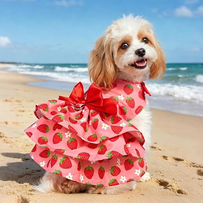 PUPTECK Summer Dog Dress with Bow and Leash Ring, Pink Strawberry M | Cute Adorable Breathable Mesh Dog Clothes for Small Medium Dogs Puppy Cats, Pet Outfit Apparel for Birthday Party