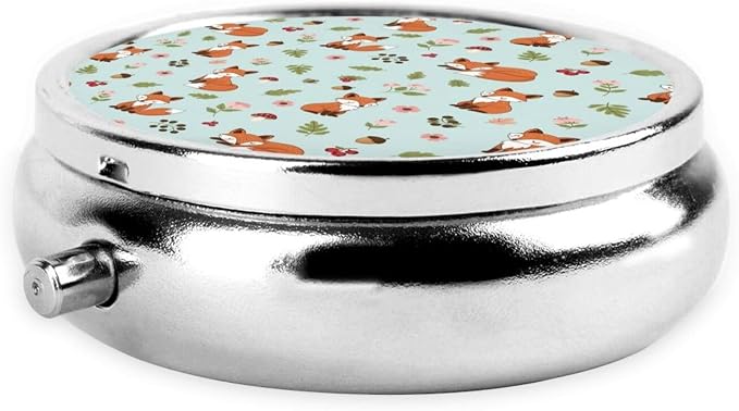 Travel Pill Organizer, Small Round Case with Mirror, Portable Pill Box for Fish Oil Vitamins, Pocket Purse Carry for Commuters, Floral Flowers Mushroom Foxes