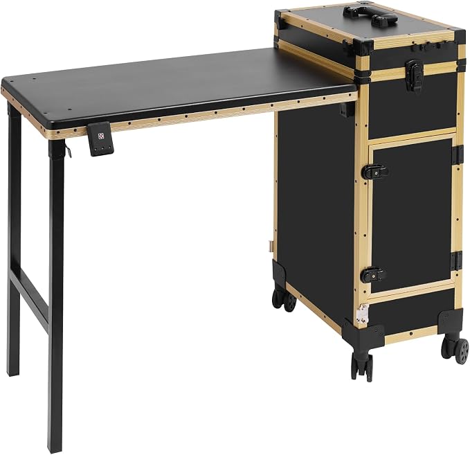 Rolling Manicure Desk Makeup Train Case, Foldable Nail Tables, Travel Cosmetic Trolley with Remote Control and Adapter for Hair Stylists, Pet Groomers, Makeup Artists (Black, Gold)
