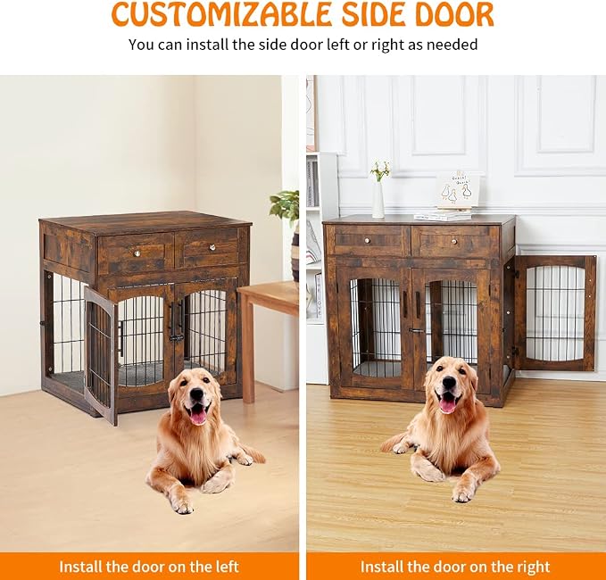 Dog Crate Furniture with Drawers,39.4" Wooden Dog Kennel for Medium/Large Dog,3 Doors Pet House with Cushion