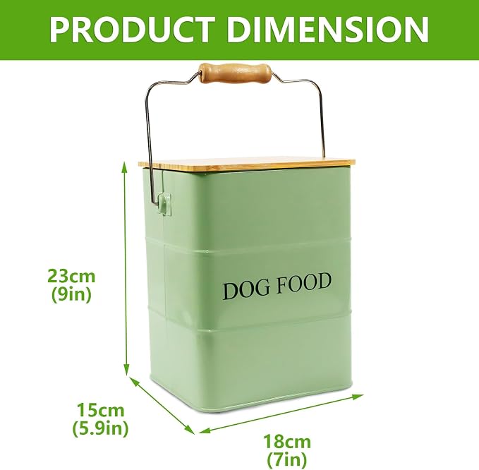 Morezi Metal Dog Food Storage Container 5~6 lbs, Pet Food Treat Canister | Airtight Dog Treat Food Storage Tin with Wooden Lid and Scoop- Powder Coated Carbon Steel- for Dry Dog Cat Food Kibble-Green