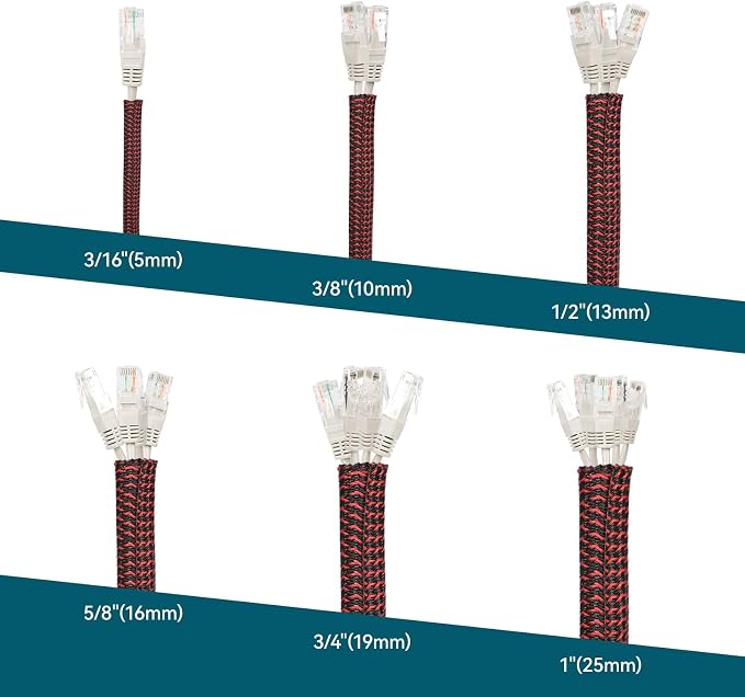 Wire Loom Tubing, 10ft Split Braided Cable Management Sleeve, Flexible Mesh Cord Protector Cable Sleeve for TV Computer (Red and Black, 1")