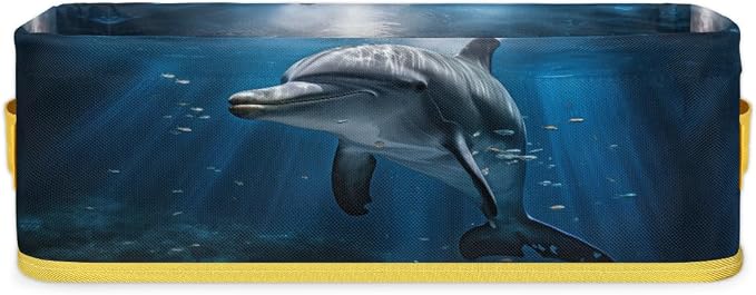 Sunshine Dolphin Undersea Bathroom Storage Basket, Foldable with Handle Open Countertop Paper Towel Decorative Box, Toilet Tank Top Shelf Baskets for Home Closet Bedroom Living Room Office