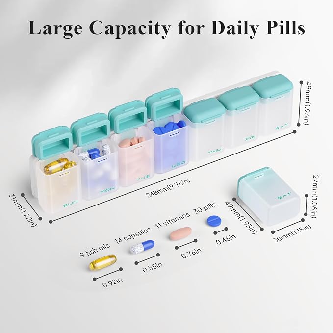 KOVIUU Weekly Pill Organizer, Magnetic Medicine Vitamin Case 1 Time a Day | Week Once Daily Supplement Box, Removable Medication Container Holder for Fridge, 7 Day Large Travel Pill Dispenser, Cyan
