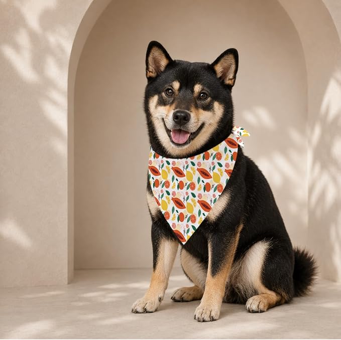 Summer Dog Bandana, Papaya Lemon Orange Pet Triangle Scarf for Beach Picnic Party Outfit, Tropical Fruit Neckerchief for Small Medium Dogs, Cute Puppy Accessory