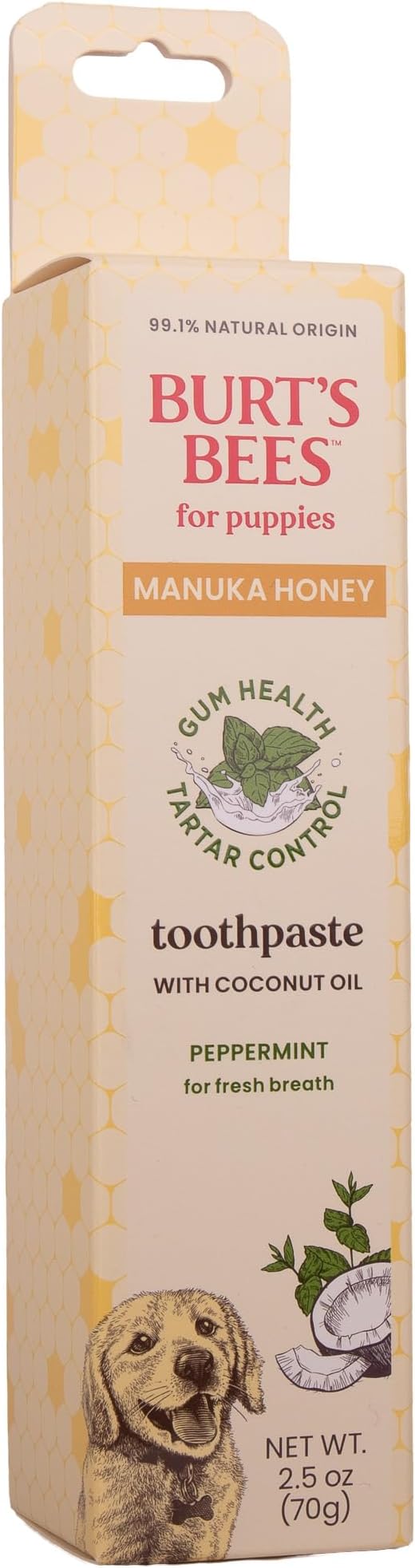 Burt's Bees for Pets Toothpaste for Puppies with Manuka Honey and Coconut Oil for Gum Health & Tartar Control, 99.1% Natural Origin Formula, Peppermint Flavor, 2.5 oz