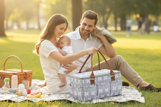 Diaper Caddy with Changing Mat, Large Baby Diaper Caddy Organizer with Lid, Portable Organizer Basket for Baby Essentials, Roll-Up Lid, Built-In Changing Mat Pocket