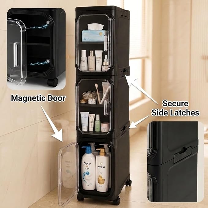 2 Tier Slim Narrow Bathroom Storage Cabinet with Wheels, Foldable, Black | Tools Free, Adjustable Shelves,Lockable Wheels, Magnetic Door, PET and ABS, Storage for Narrow Spaces