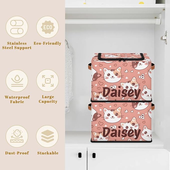 Custom Cute Cats Storage-Bin With Zipper Lid for Kids-Girls-Boys-Baby-Pet,Personalized Name Foldable Storage Box with Handle,Baby Basket With Label for Bedroom Nursery Toy Clothes,Pink