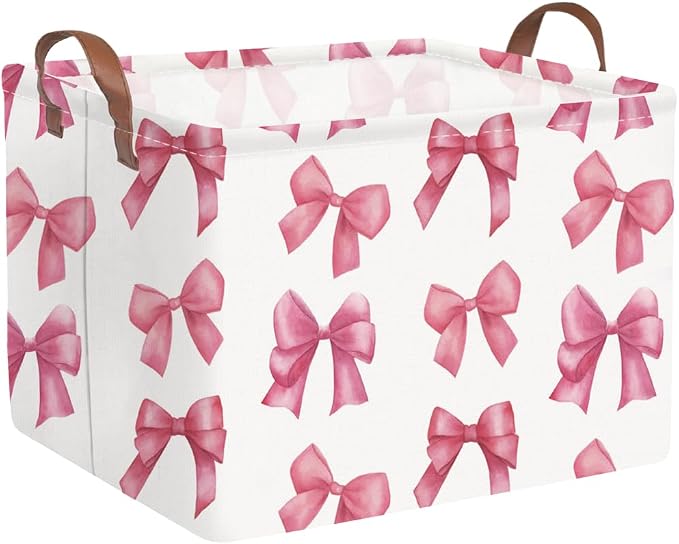 Rectangular Pink Girls basket,Delicate pink bow girls nursery laundry basket,Pink Laundry Hamper,kids waterproof collapsible canvas basket,Toy bins,Girls Room decor(Bowknots)