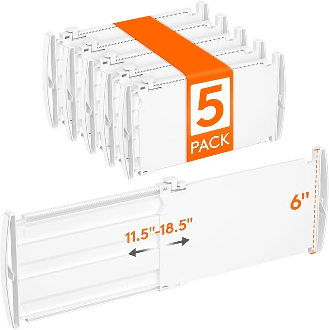 Lifewit 6" Tall Drawer Dividers, Adjustable Deep Drawer Organizer Clothes | 5 Pack 11.5"-18.5" Expandable White Plastic Separators for Dresser, Kitchen, Cabinet, Closet, Office Organization & Storage