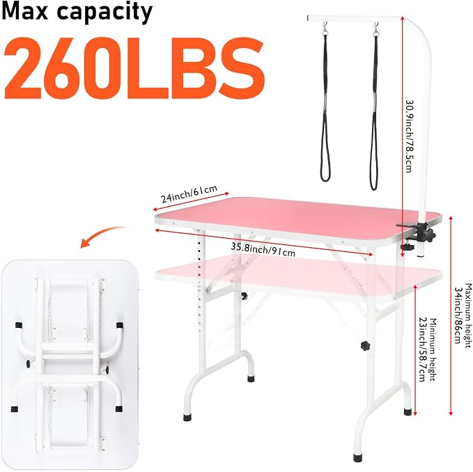 LEIBOU 36-inch Height Adjustable(23''~33.8'') and Foldable Pet Dog Grooming Table with Grooming Arm & 2 Noose for Dog Cat Pet Grooming Maximum Capacity Up to 260lbs