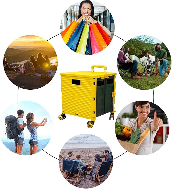 FELICON SELORSS Foldable Utility Cart Folding Portable Rolling Crate-Yellow | Durable,Heavy Duty,Plastic Box,Telescoping Handle,4 Rotate Wheels,Collapsible Handcart for Travel Shop Move Luggage Office