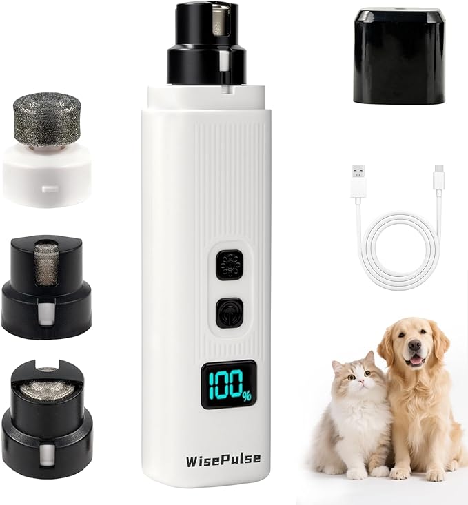 Dog Nail Grinder Quiet & Safe: 2-Speed Electric Grinder with 2 LED Lights & 2 Grinding Heads, Low Vibration & Silent Rechargeable Trimmer for Large Small Medium Dogs & Cats(White)