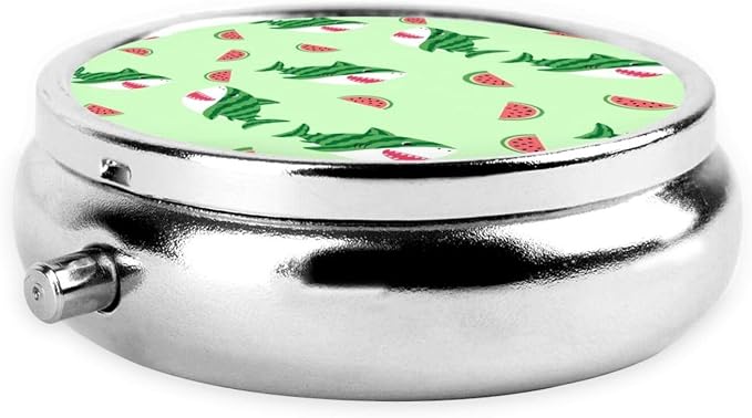 Round Pill Case, Funny Watermelon Shark Mint Green Portable Mini Holder, Travel Organizer with Mirror, Pocket Purse Box for Daily Meds