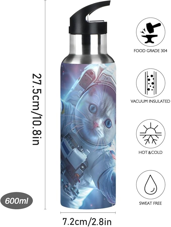 Astronaut Cat in Space Water Bottle with Straw Lid Kids Insulated Stainless Steel Water Flask Sports, 20 Oz Hot Cold