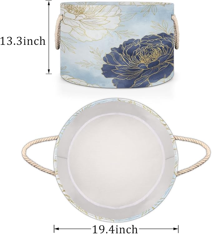 Large Storage Baskets - Blue Gold Peony Floral Nursery Organizer Bin Box with Handles Collapsible Round Laundry Hamper for Kids Toys Pet Blanket, Bedroom Living Room Home Decor Gift Basket