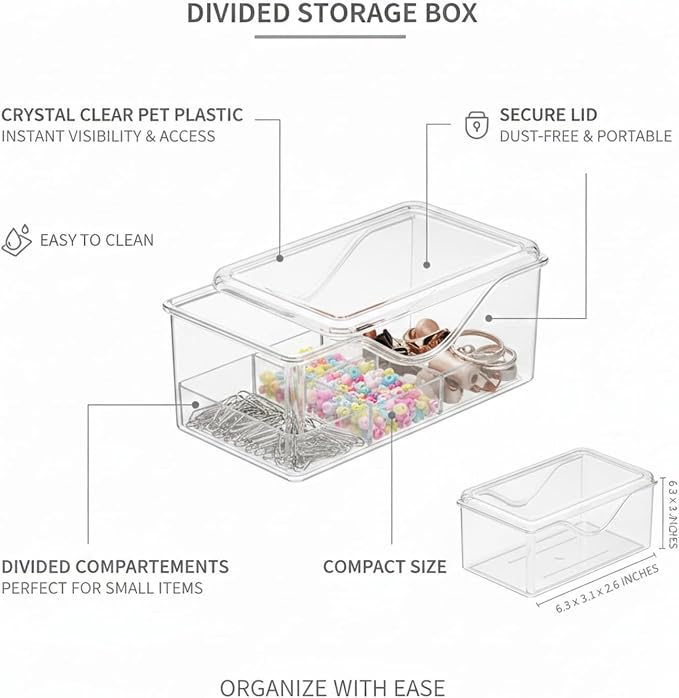 Divided Storage Box with Lid, PET Plastic Organizer for Desktop Drawers, Clear Compartments for Office Supplies Craft Jewelry (1 PC)