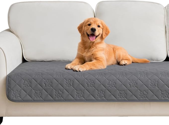 PAWFINITY Waterproof Couch Covers for Dogs, Pet Blanket for Sofa Washable | Paw Print Quilted, Hair Resistant, Anti Cat Scratch, Pee Proof Furniture Protector for 3 Seat Sofa and Bed, 30x70 Inch, Grey