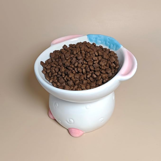 Cute Highland Cow Design Elevated Cat Bowl,Catoon Animal Dish - 15° Tilted Ceramic Pet Food Dish, Anti-Vomit for Cats/Dogs, Wide Mouth, Holds 150g Kibble
