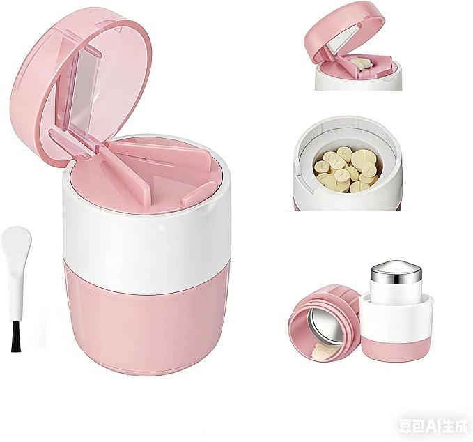 3-in-1 Pill Crusher and Cutter with Storage, BPA-Free Pill Grinder for Fine Powder, Stainless Steel Blade & Grinding Head, Portable Pill Splitter for Elderly, Pets, Travel (Pink)