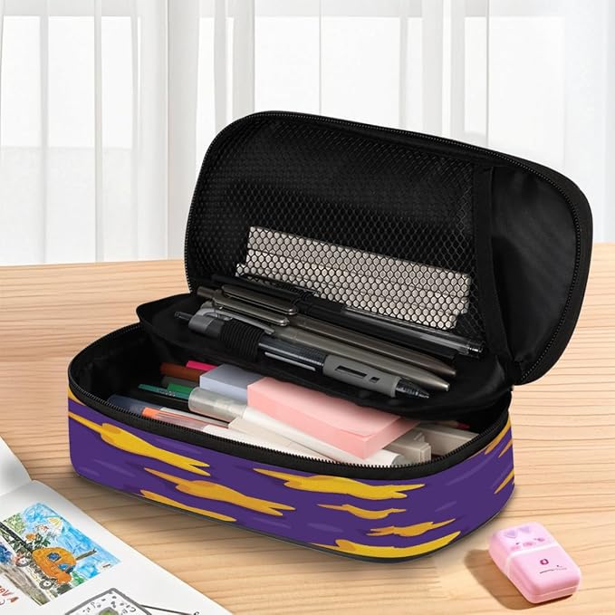 Pencil Cases Large Capacity Pen Pouch, Yellow Stars And Purple Pattern Pencil Box Organizer School Supplies for College Student Teen Adults