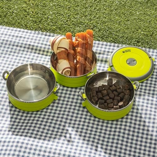 Healthy Human Travel Pet Bento Bowls - Human-Grade Stainless Steel & BPA-Free, Leak-Proof Water & Food Container Set for Dogs & Cats, 4-Pack Interlocking Bowls, Includes Spare Clips & Handle (Green)