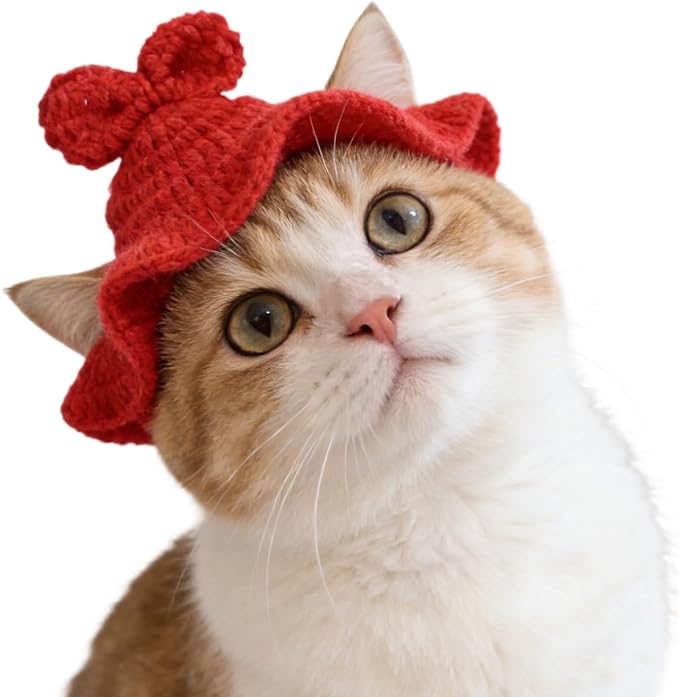 Bow Cat Hat, Cotton & Soft Cute Knitted Hats for Cats Birthday Party Spring Puppy Hat for Small Pets (Red, M)
