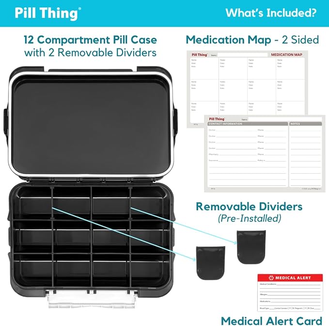 12-Compartment Weekly Pill Box Case with Removable Dividers, Waterproof, Travel-Friendly, with Medication Map and Medical Alert Cards (Black, 2 Pack)