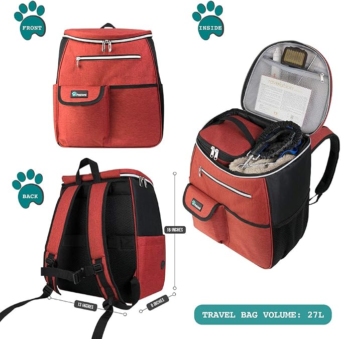 PetAmi Dog Travel Backpack 27L Airline Approved Pet Supplies Bag, Red | Cat Traveling Suitcase Organizer for Weekend Road Trip Camping; 2 Food Containers, 2 Collapsible Bowls & Poop Bag Dispenser