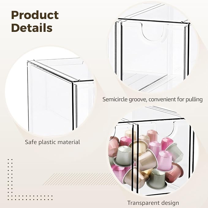 2 Pcs Tea Bag Organizer Drawer, Clear PET Tea Storage Organizer for Drawer Cabinet, Stackable Three Drawer Design, Easy View Tea Holder, Space Saving for Kitchen and Office
