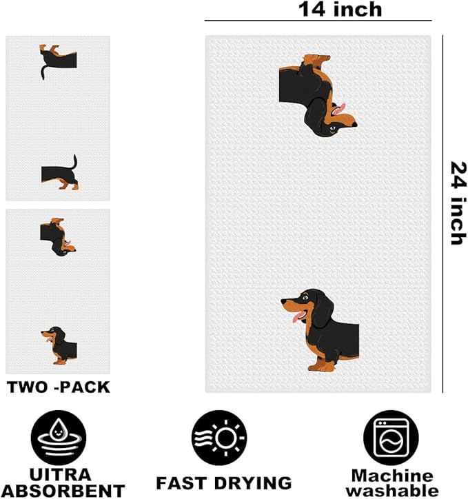 2 Pcs Dachshund Kitchen Towels 24x14 Inch, Dachshund Gifts Reusable Dish Towels for Kitchen Bathroom Decor, Waffle Weave Absorbent Hand Cloth Tea Towel, Funny Weiner Dog Gifts for Women Mom Friend