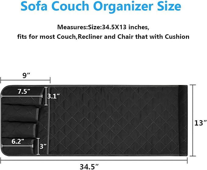 Armchair Caddy for Recliner, Non Slip Sofa Arm Organizer, Black | 5-Pocket Recliner Armrest Organizer, Couch Side Storage Holder for Remotes, Cell Phone, Magazines & Tablets, Machine Washable
