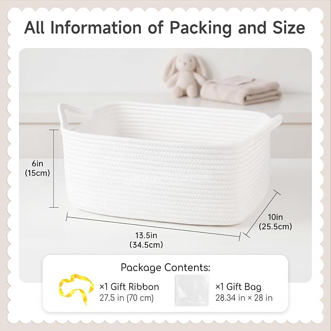 OIAHOMY Cotton Rope Gift Basket Empty with Bags & Ribbons, Woven Baby Shower Basket for Nursery & Pet Toys, Ideal Personalized Gift for Holidays, Birthdays & Decor, White