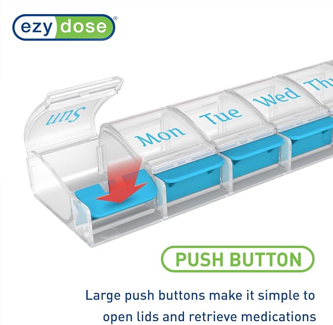 Ezy Dose Weekly (7-Day) Pill Organizer, X-Large Medicine Case, Blue/Clear | Daily Vitamin & Supplement Planner, Spacious Push-Button Compartments, Convenient & Easy to Use, Travel-Friendly, BPA-Free