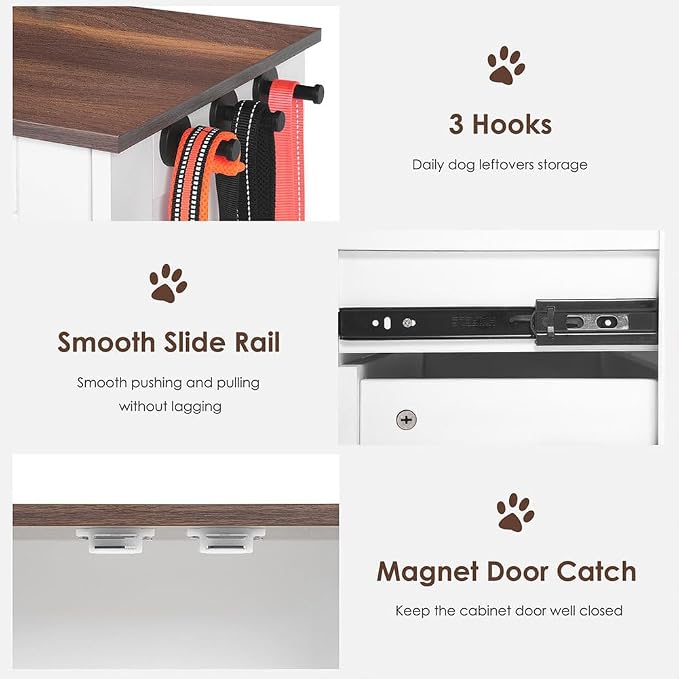 Dog Food Storage Cabinet, Modern Dog Feeding Station with 2 Adjustable Dog Bowls,Hidden Pet Feeder Station Wood, Dog & Cat Storage Organizer, for Feeding & Watering Supplies, White