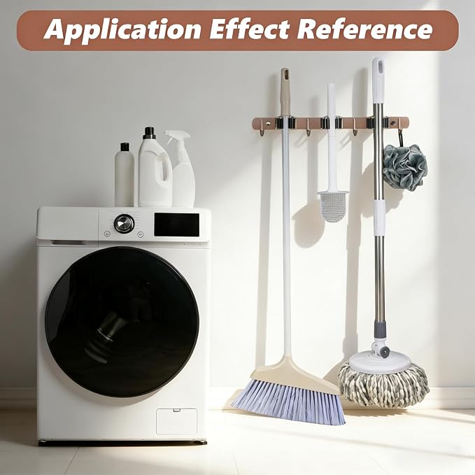 3 Racks and 4 Heavy Duty Hooks Mop and Broom Holder Wall Mount, Stainless Steel Broom Organizer Storage Utility Tool Racks for Home, Kitchen, Garage, Laundry Room. Rose Gold
