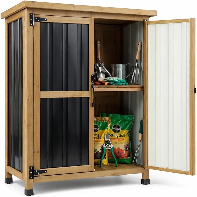 Ketive Small Outdoor Storage Cabinet Wood & Metal, Small Garden Tool Storage Cabinet with Asphalt Roof, Double Lockable Doors & Removable Shelves for Porch, Patio, Garden, Backyard