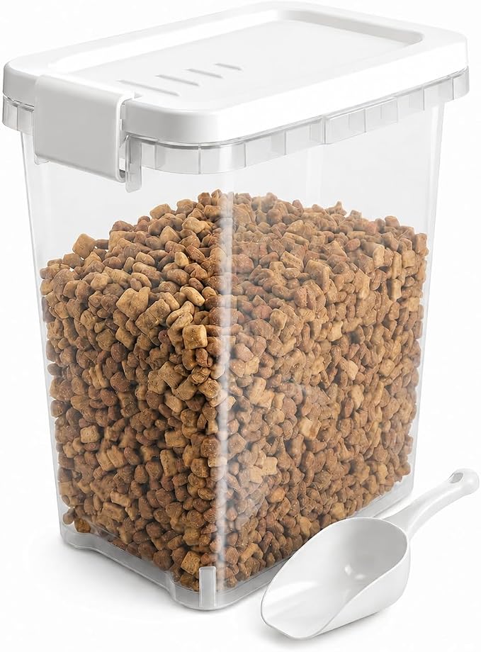 5-10 Lbs Airtight Cat Dog Food Storage Container, 8QT Compact Pet Food Bin | Plastic Food Container with Buckle-Lock Lid & Scoop for Dog, Cat, Bird Seed, Pet Food, Chicken, Dry Food, Rice, Cereal, Flour