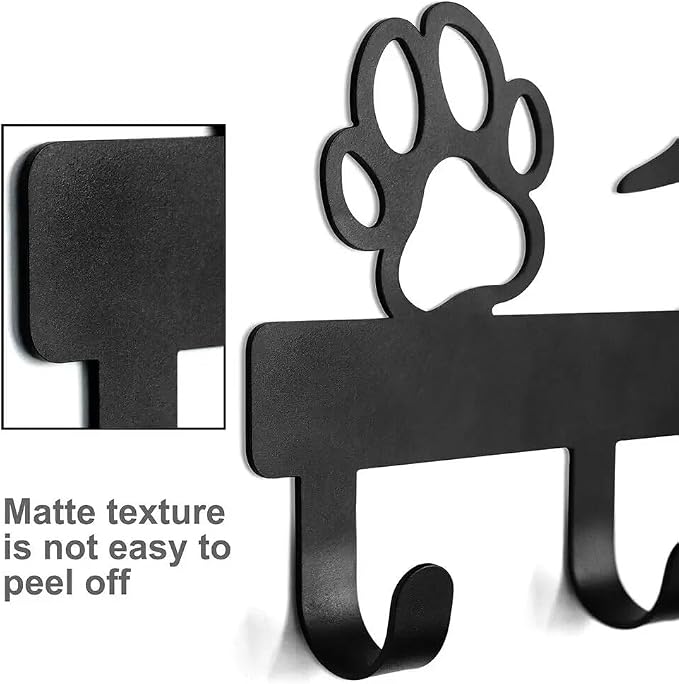 Matte Black Metal Dog Leash & Key Wall Rack – 5-Hook Entryway Pet Accessory Organizer Hanger with Silhouette Canine and Paw Prints Design