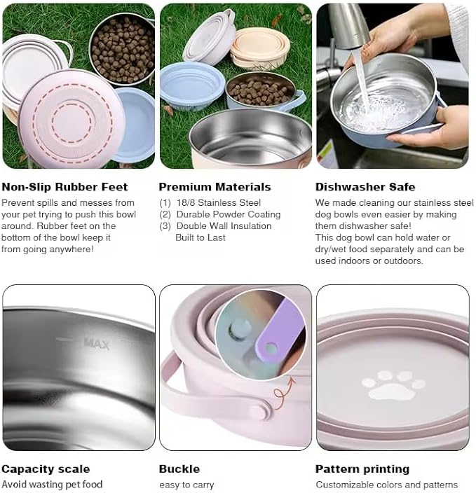 Pink Collapsible Travel Dog & Cat Bowl – BPA-Free Silicone & 18/8 Stainless Steel, Portable Non-Slip Food & Water Bowl with Handle, Bottle/Poop Bag Holder – Claim Your