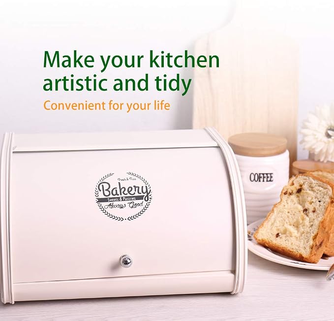 KL X458 Cream Metal Bread Box/Bin Storage Container for Kitchen Countertop | Save bread for long-lasting freshness and cream colored design decorate your kitchen