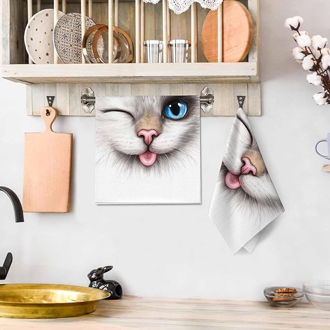 Funny Cat 2Pcs Kitchen Towels Creative Smiling Cat Blue Eyes Portrait 16X24 Inch Ultra Soft Tea Towel Super Absorbent Terry Dish Towels for Kitchen Linens