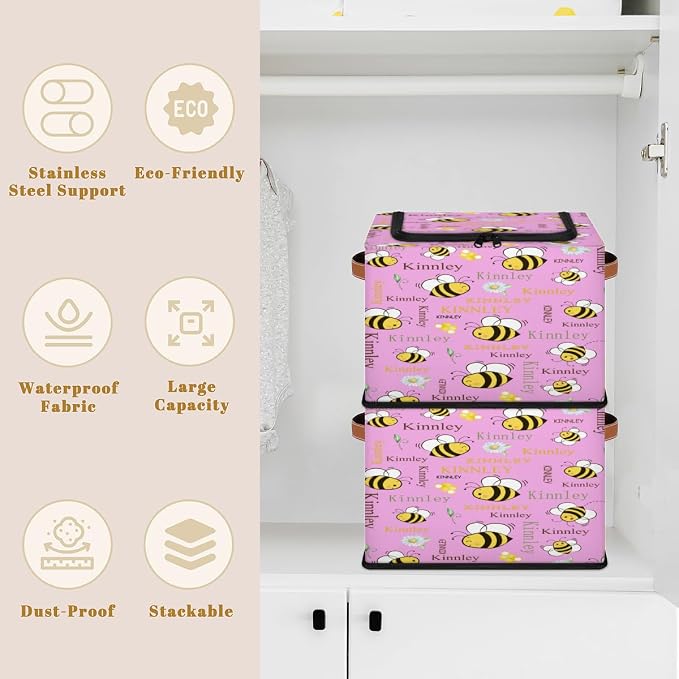 Personalized Kids Toy Box with Name, Custom Pink Nursery Baskets Cubes Box with Zipper Lid, Kids Custom Storage Basket Laundry Baskets Organizer with Handles, Bee and Floral