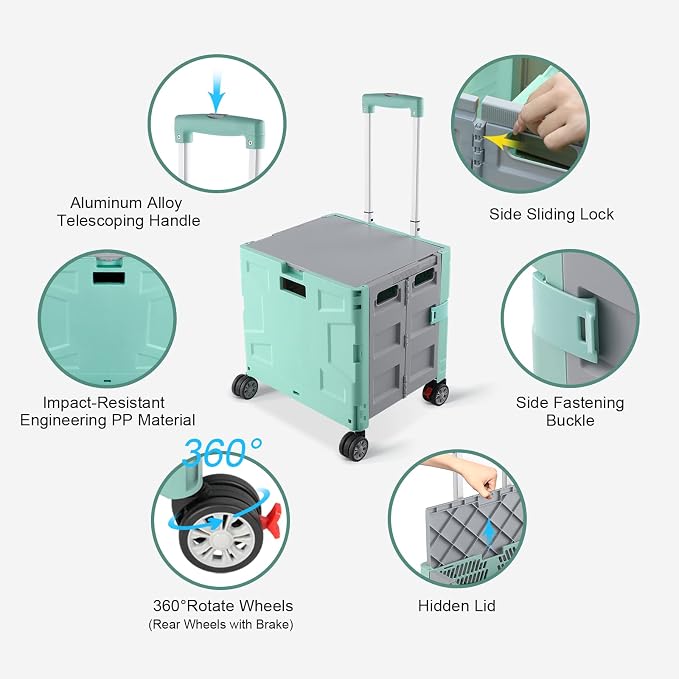 FELICON Folding Utility Cart Rolling Crate Handcart Basket Tote-Green+Gray | Collapsible Hidden Lid,Plastic Box,Telescoping Handle,4 Rotate Wheels for Travel Shop Move Grocery Laundry Office Teacher Use