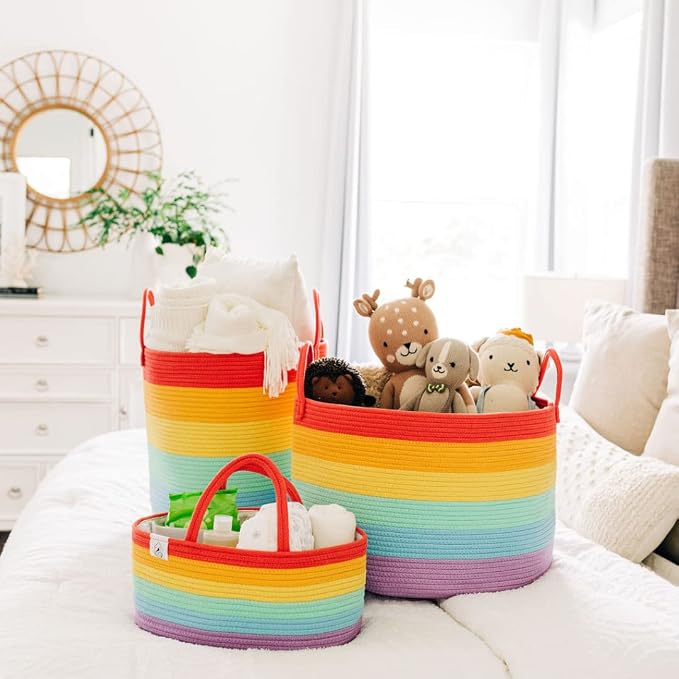 OrganiHaus Rainbow Rope Diaper Caddy Organizer, Nursery Basket | Woven handles; a toy bin, laundry bin, or newborn essentials storage; great for car, baby shower gifts, or bedroom decor