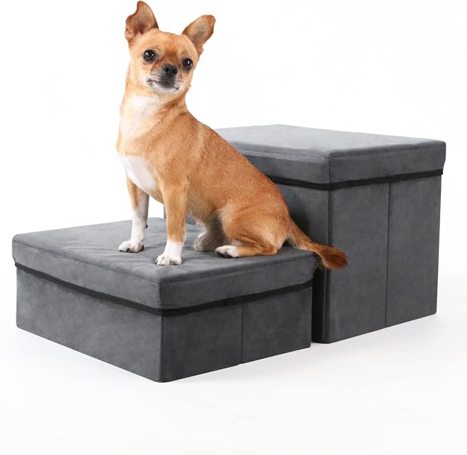 Foldable Dog Stairs with Storage | 2-Step Non-Slip Pet Steps for High Beds and Couch, Hidden Storage Dog Ladder for Small & Medium Dogs, Cats, Grey